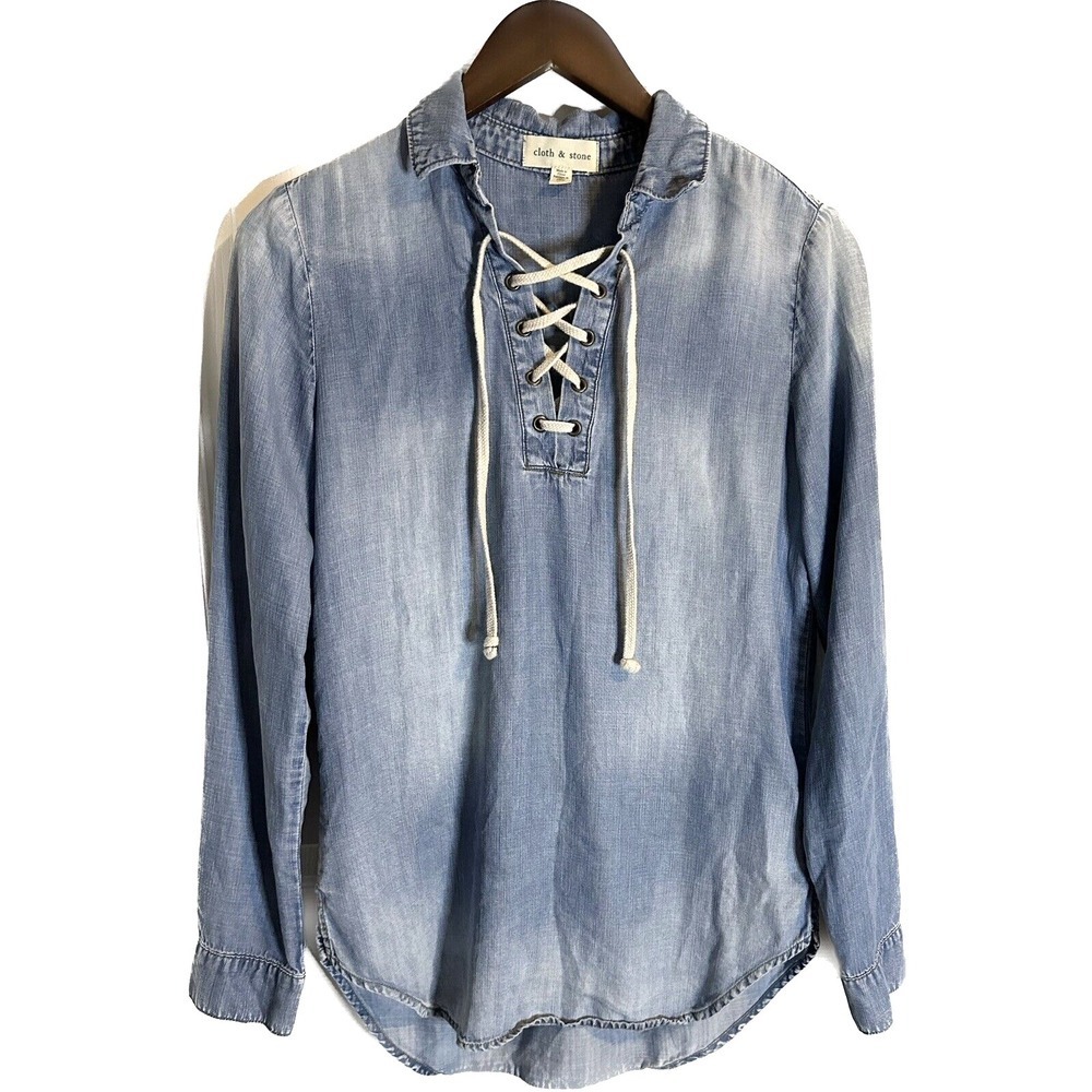 Cloth & Stone Anthropology Shirt Womens XS Lace up Chambray Long Sleeve Blue Top